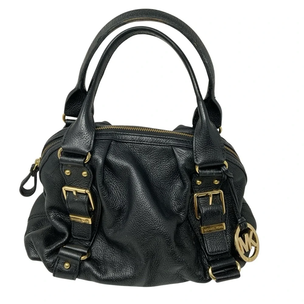 Michael Kors Satchel Black Pebbled Leather Gold Hardware Handbag Medium Boho